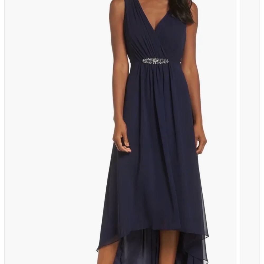 Eliza J Navy High Low Dress with Embellished Waist